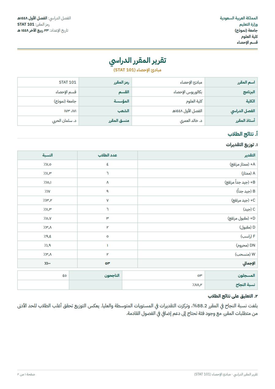 نموذج: تقرير المقرر
