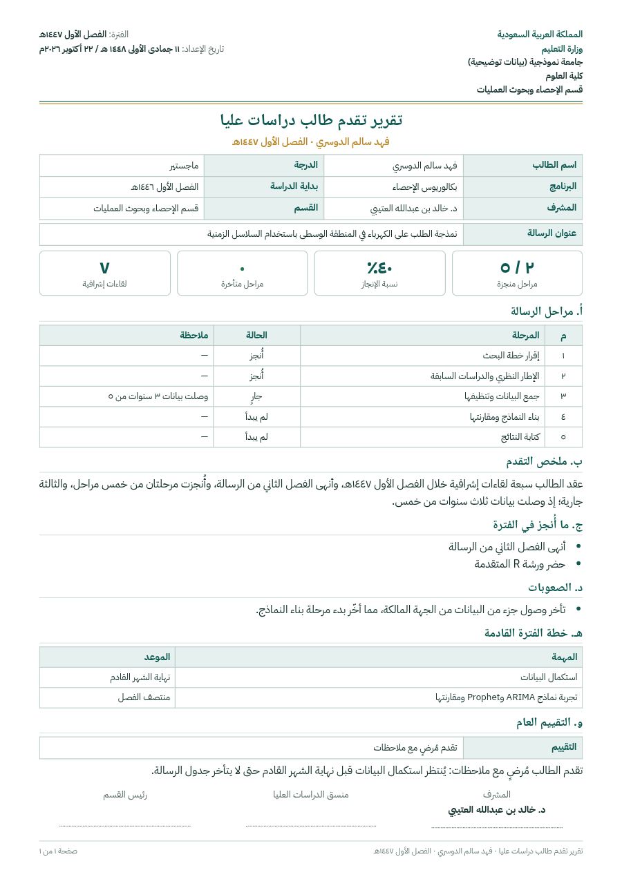 نموذج: تقرير تقدم طالب دراسات عليا