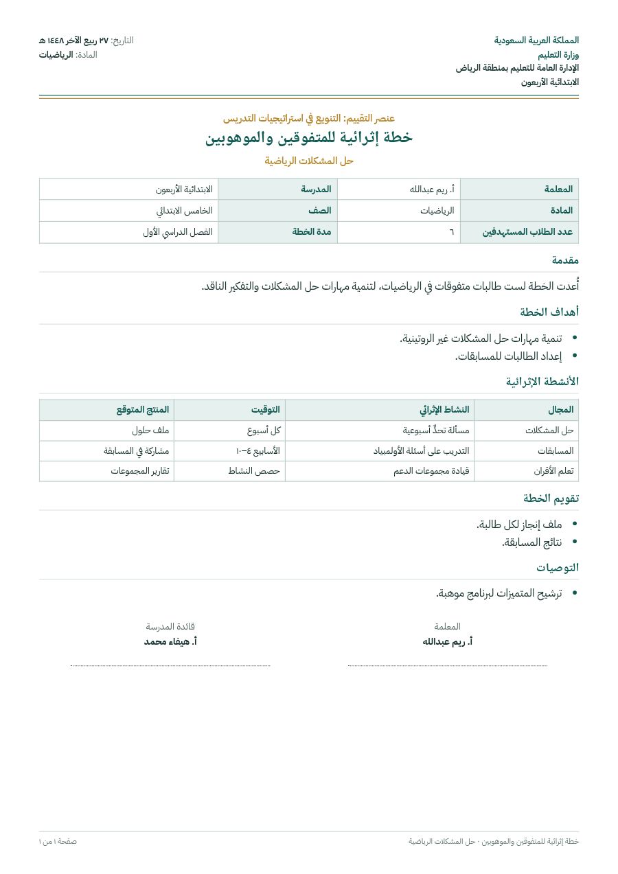 نموذج: خطة إثرائية للمتفوقين والموهوبين