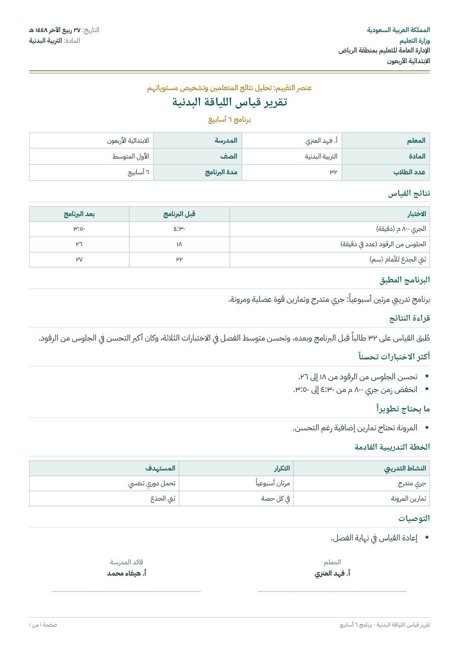 نموذج: تقرير قياس اللياقة البدنية