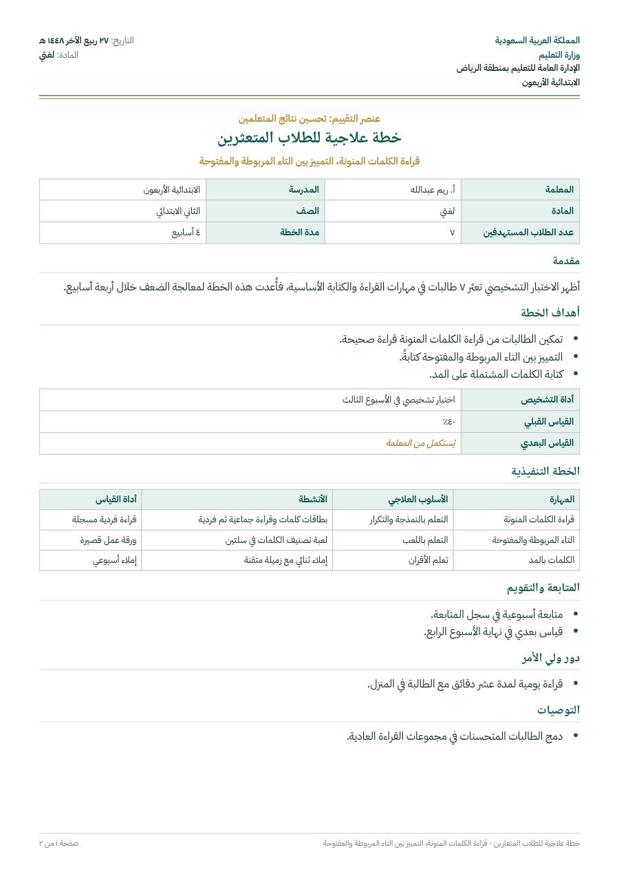 نموذج: خطة علاجية للطلاب المتعثرين